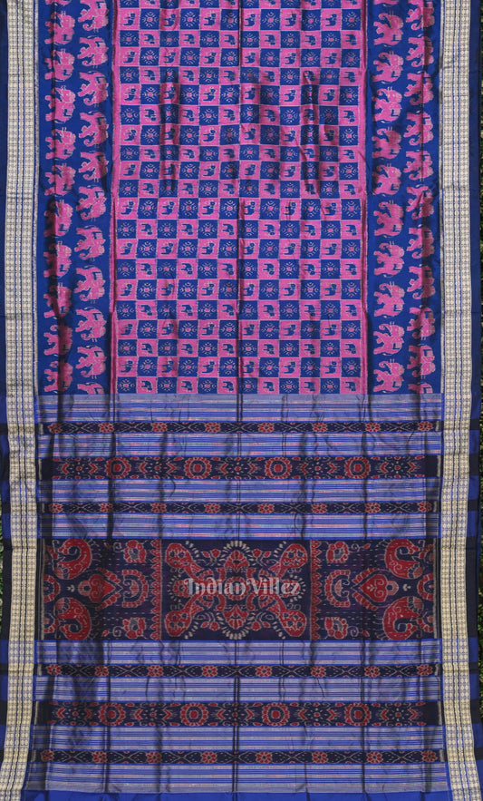 Pink Blue  Animal Motif Odisha Ikat Sambalpuri Silk Saree 