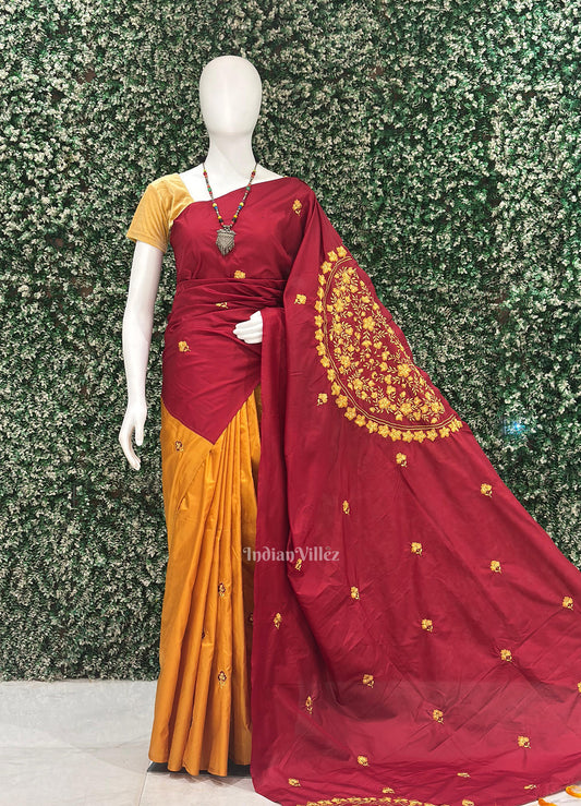 Yellow Red Floral Motif Pure Silk Embroidery Saree