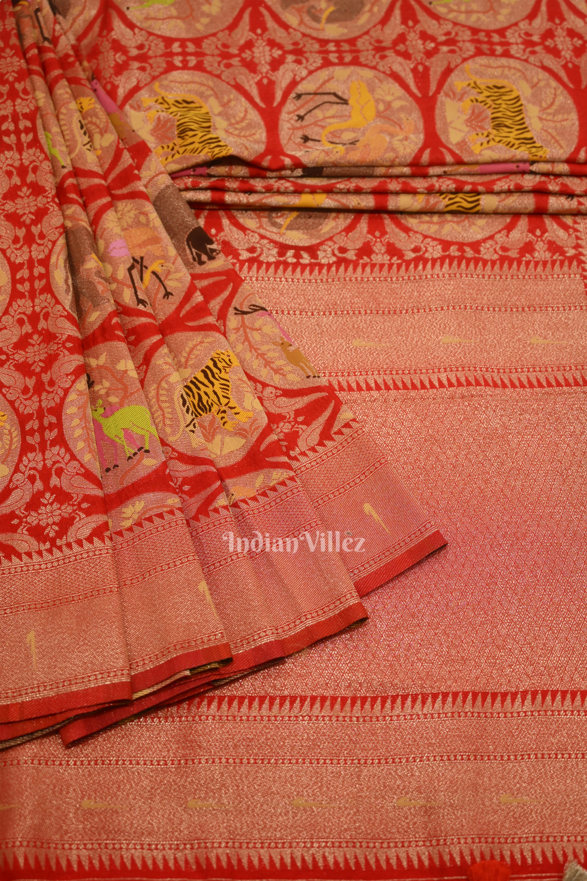 Red Shikargah Theme Banarasi Georgette Saree 
