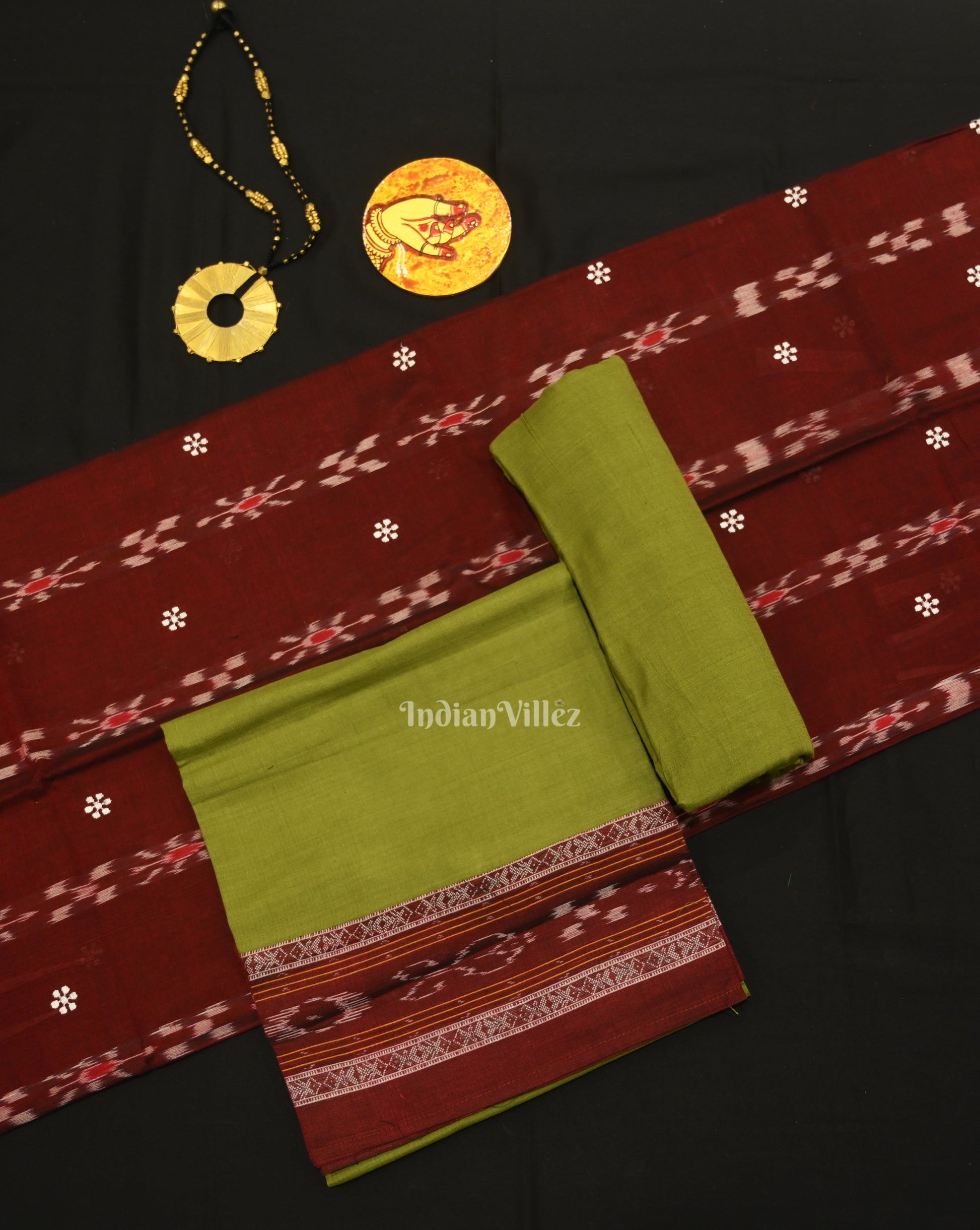 Maroon Green Flower Buti Odisha Ikat  Sambalpuri Dress Set & Dupatta 