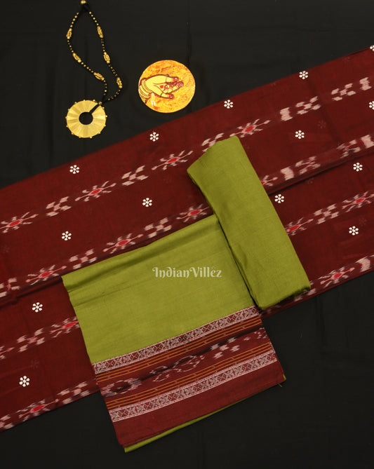 Maroon Green Flower Buti Odisha Ikat  Sambalpuri Dress Set & Dupatta 
