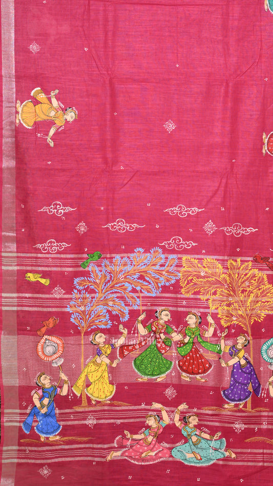  Rani Pink Raja Doli Theme Hand- Painted Pattachitra Saree