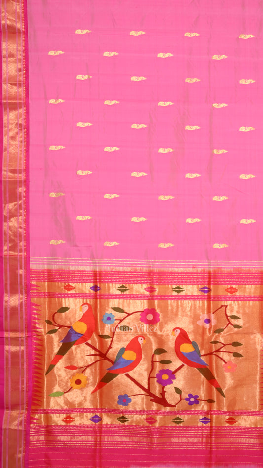 Pink Dual Tone Peacock  Parrot Pallu  Paithani Silk Saree