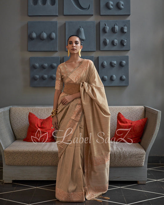 Beige Brown Handwoven Tussar Banarasi Saree with Copper Zari