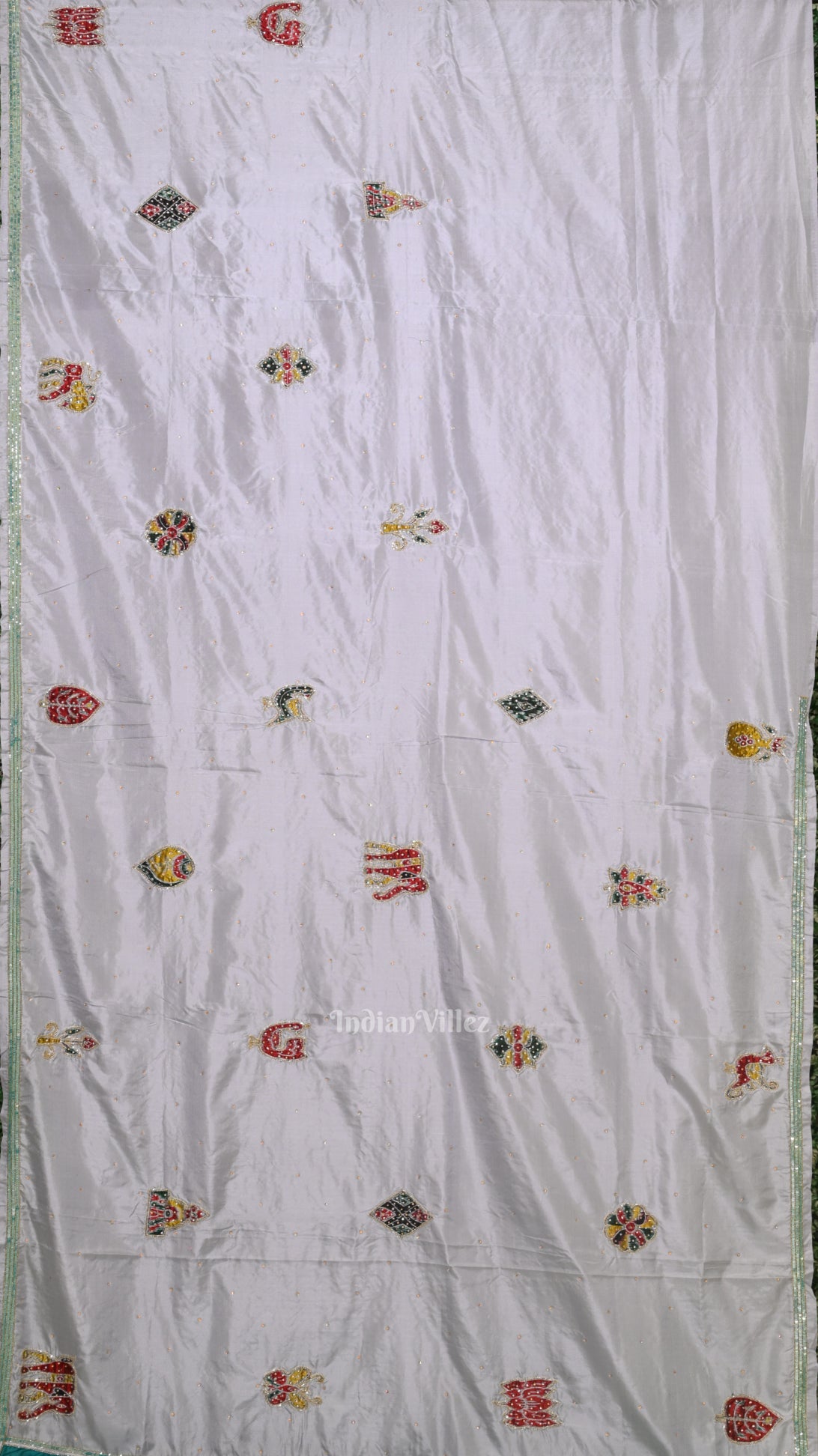 Blue Cement Square Motif Pure Silk Embroidery Saree