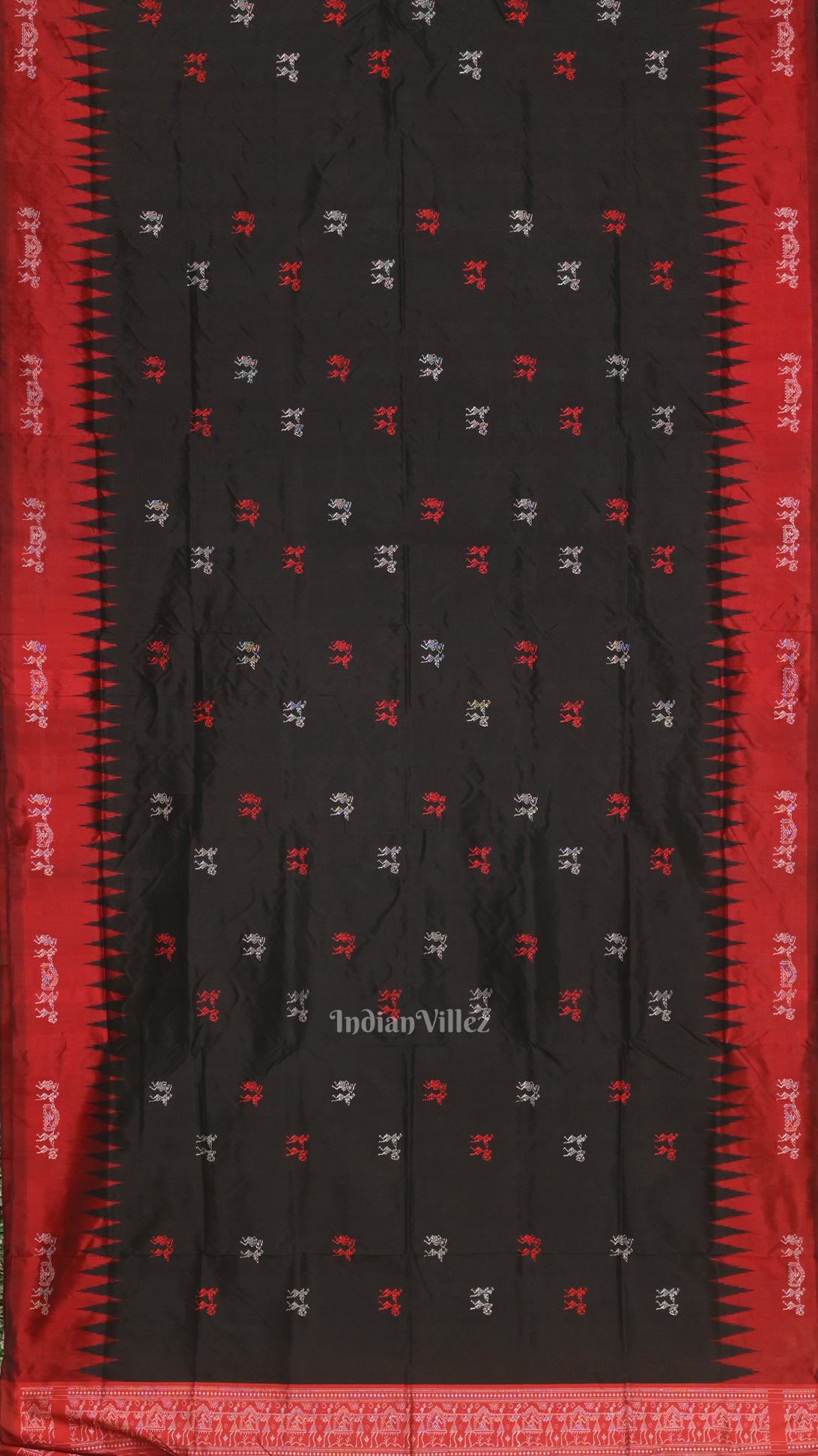 Dark Black Red Tribal Theme Bomkai Sambalpuri Silk saree