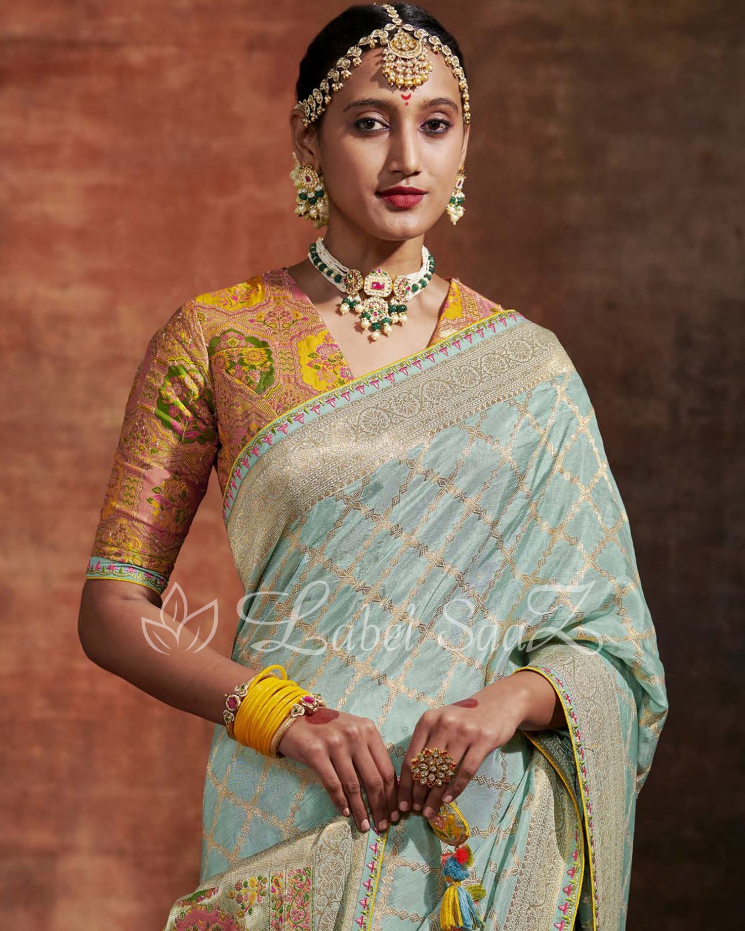 Pista Green Designer Meenakri Banarasi with Kashmiri Embroidery and Heavy Blouse