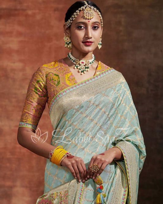 Pista Green Designer Meenakri Banarasi with Kashmiri Embroidery and Heavy Blouse