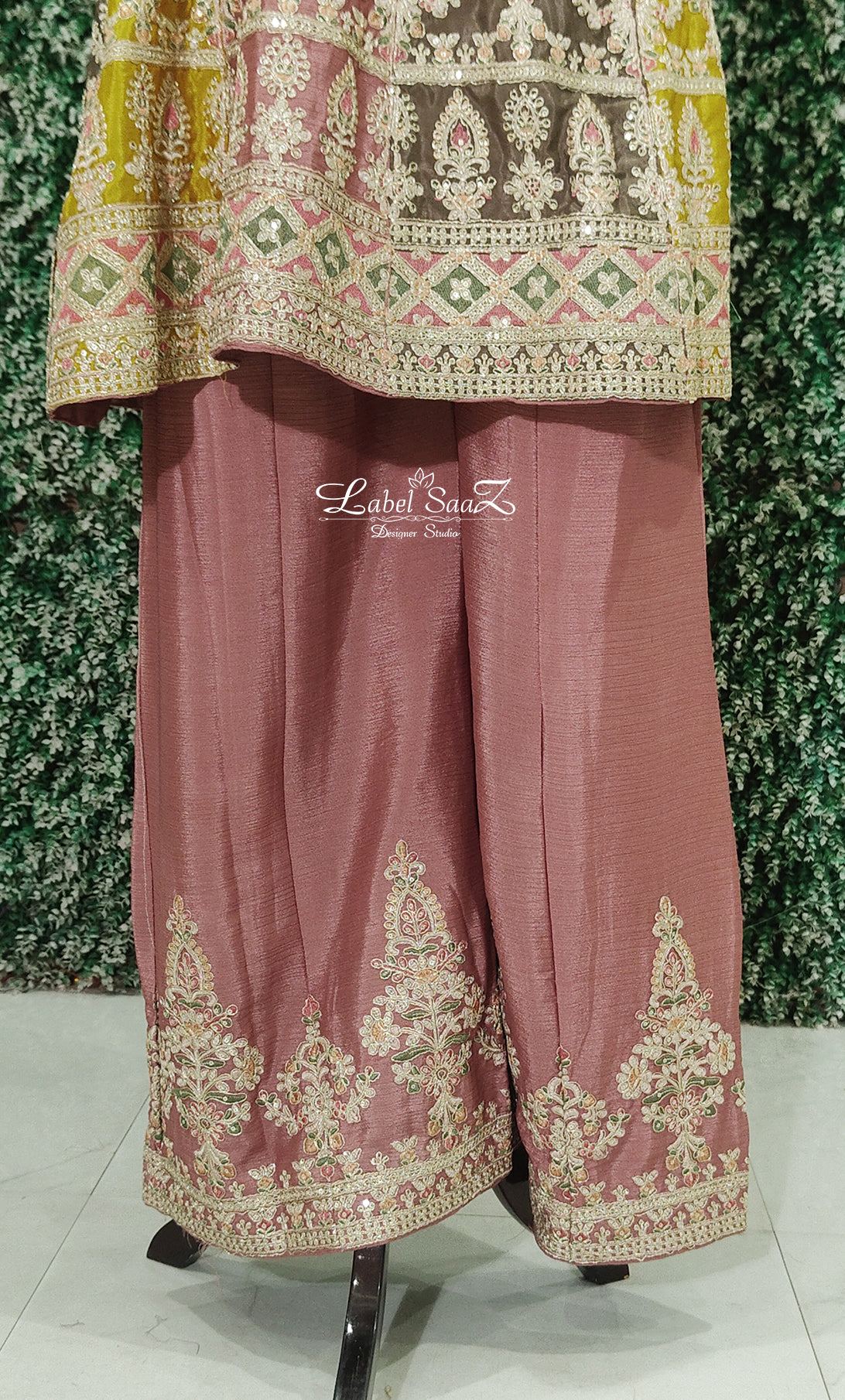 Beige Green Sequence Embroidered Kurta with Palazzo Set and Dupatta