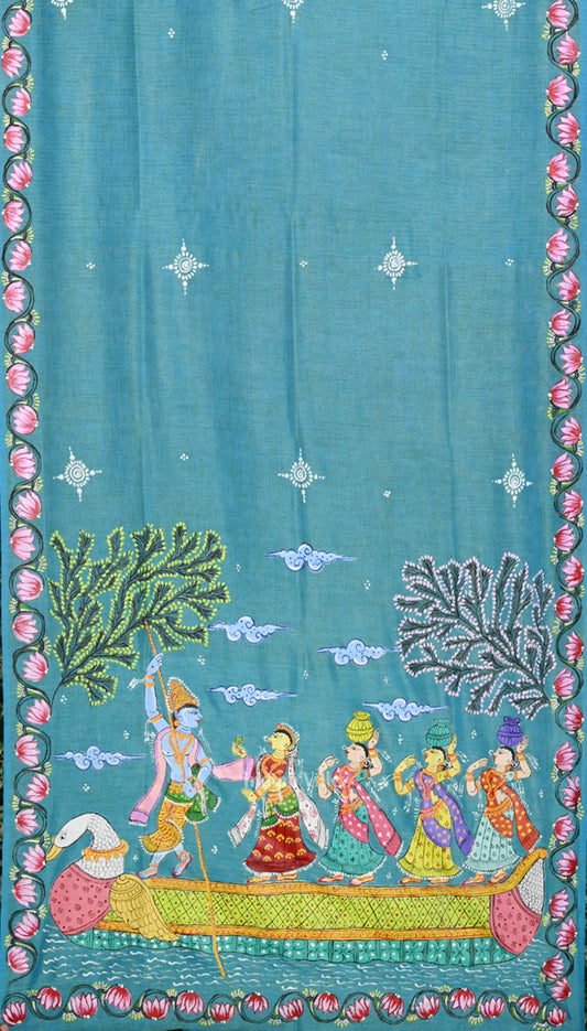 Sky Blue Boita Theme Tussar Pattachitra Dupatta