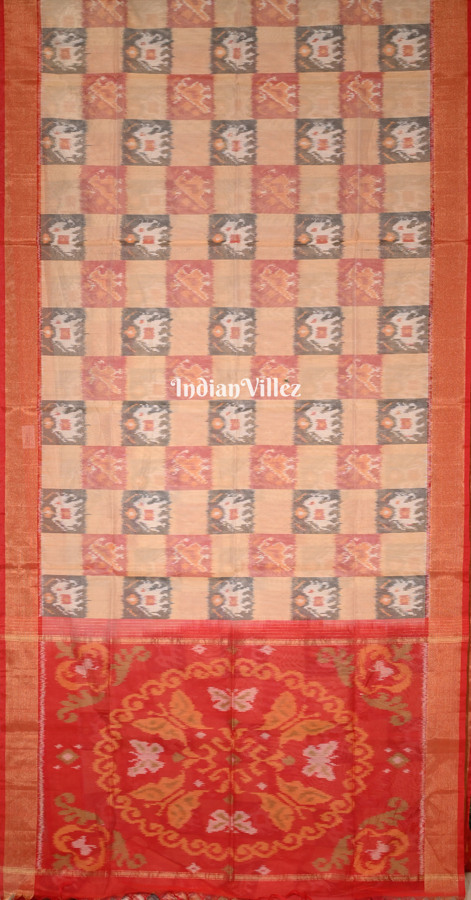 Beige Red Pochampally Ikat (Sico) Saree 