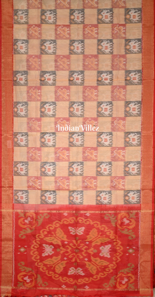 Beige Red Pochampally Ikat (Sico) Saree 