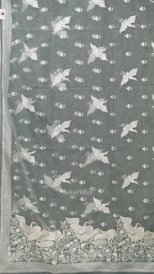 Light Blue Parsi Gara Floral Motif Hand Embroidered Saree 