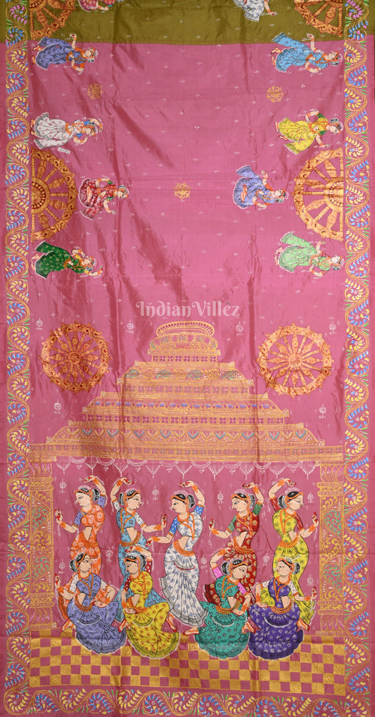 Pink Mehendi Green Nartaki Konark Temple Hand-Painted Pattachitra Saree
