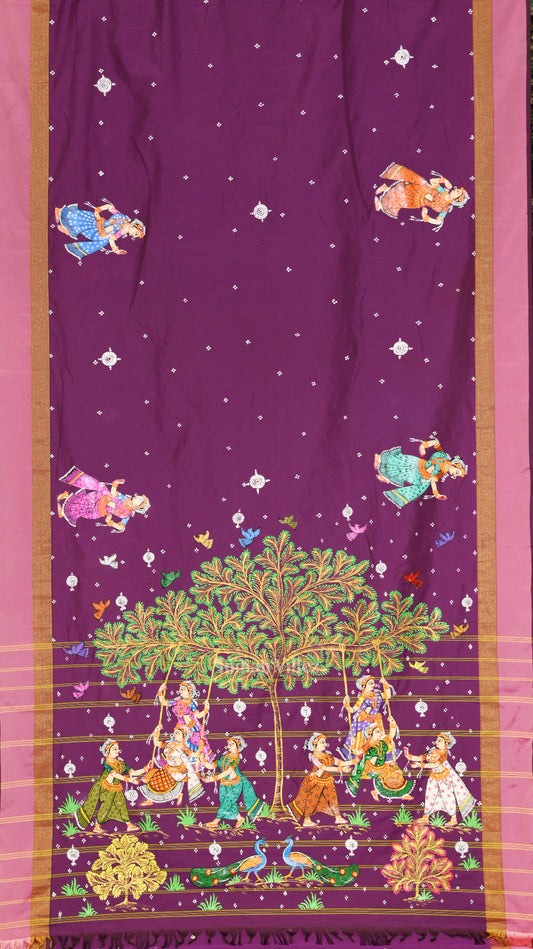 Magenta Pink  Raja Doli Theme Hand-Painted Pattachitra Saree 