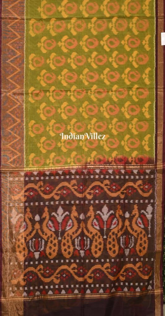 Olive Green Coffee Pochampally Ikat Silk Cotton (Sico) Saree