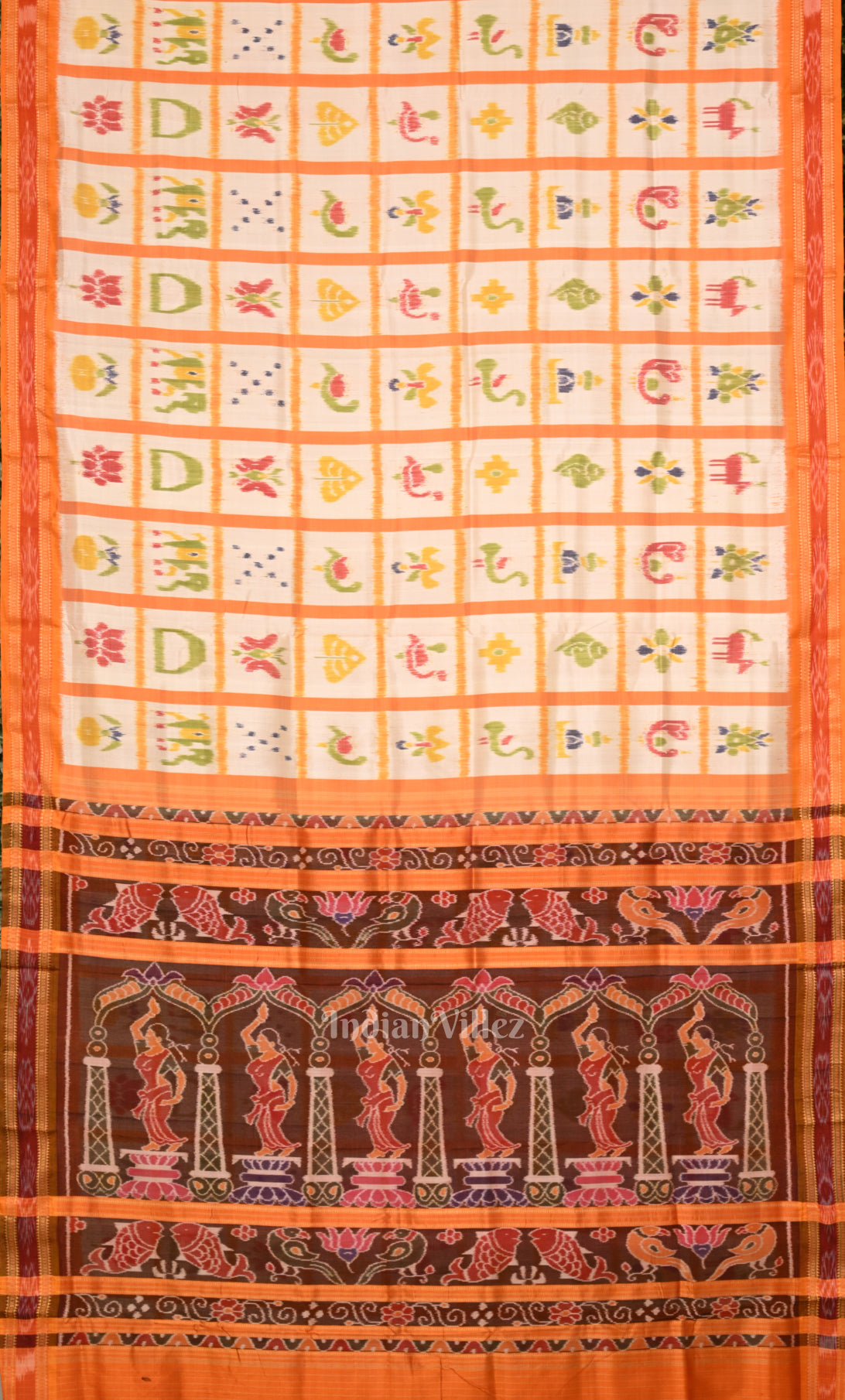 White Yellow Nabakothi Odisha Ikat Khandua Silk Saree with Nartaki Anchal 
