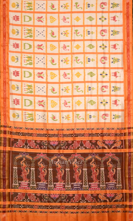 White Yellow Nabakothi Odisha Ikat Khandua Silk Saree with Nartaki Anchal 