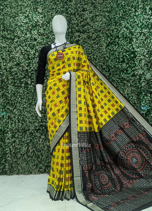 Yellow Black Ashwini Odisha Ikat Sambalpuri Silk Saree