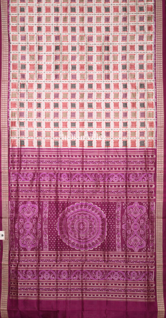 White Magenta Pink Ashwini Odisha Ikat Sambalpuri Silk Saree