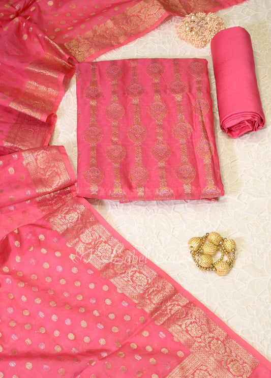  Pink Zariwork Banarasi Unstitched Salwar Suit