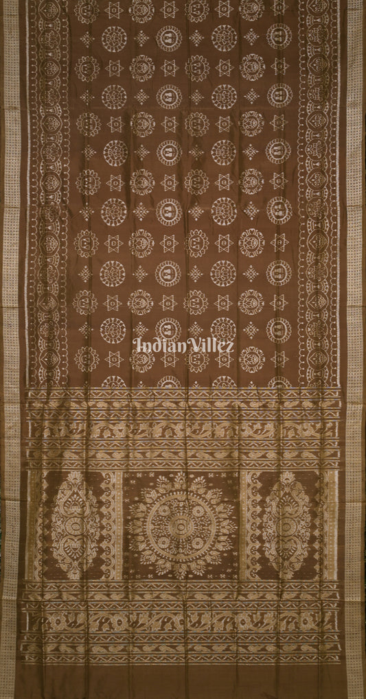 Mashroom Brown Laxmi Feet Odisha Ikat Sambalpuri Silk Saree 
