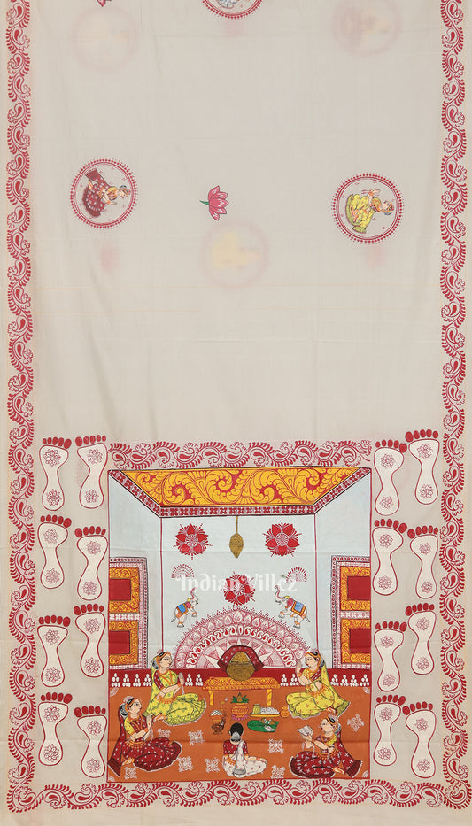 White Laxmi Puja Theme Pattachitra Silk Saree