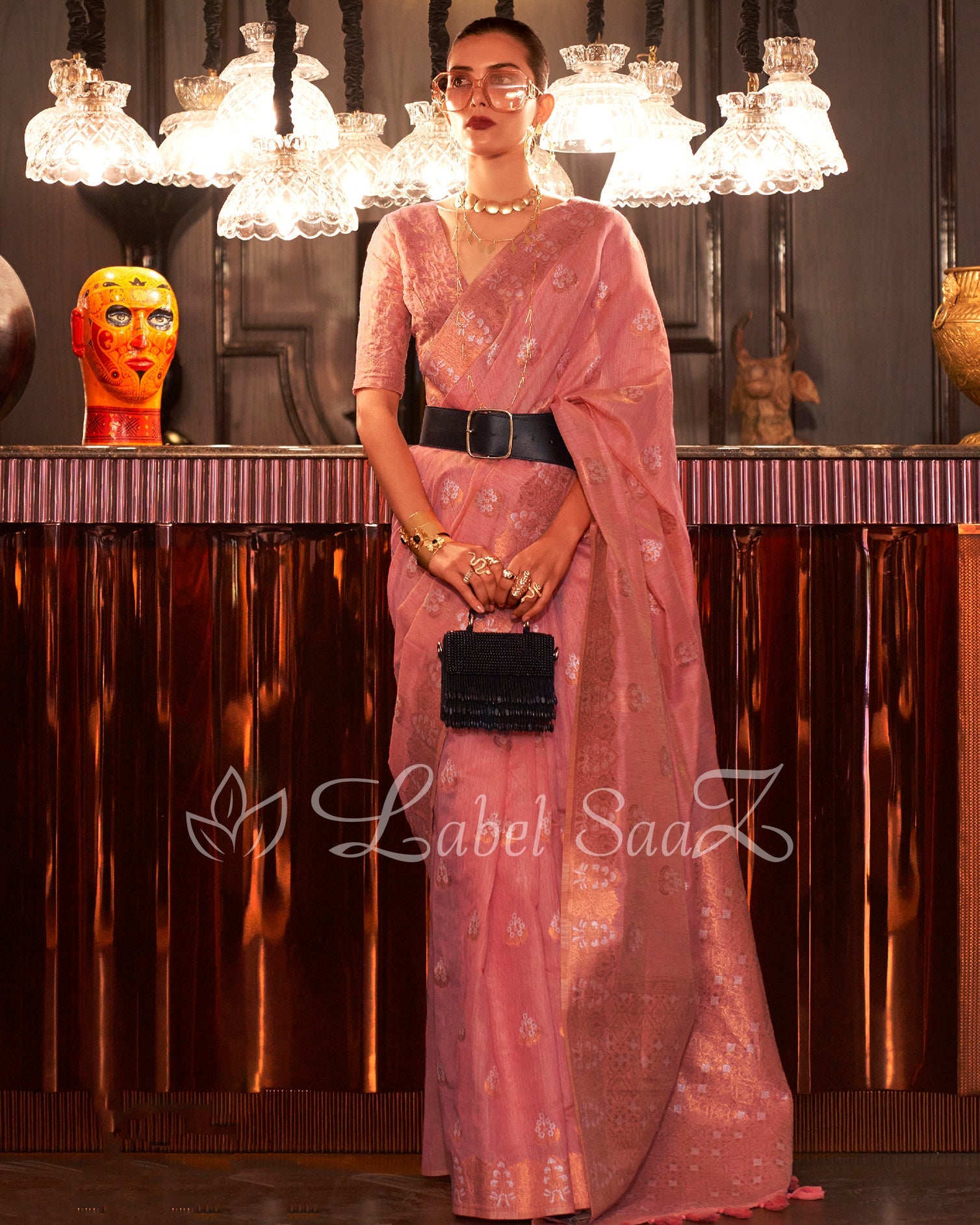 Peach Linen Banarasi With Copper Zari Saree