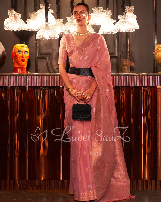 Peach Linen Banarasi With Copper Zari Saree