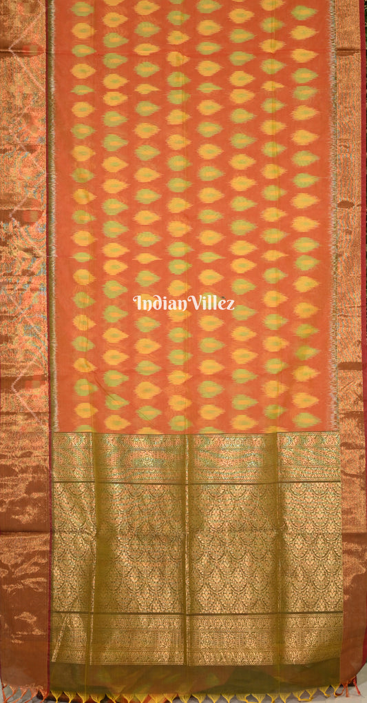 Burnt Orange Olive Green Pochampally Ikat Silk Cotton (Sico) Saree