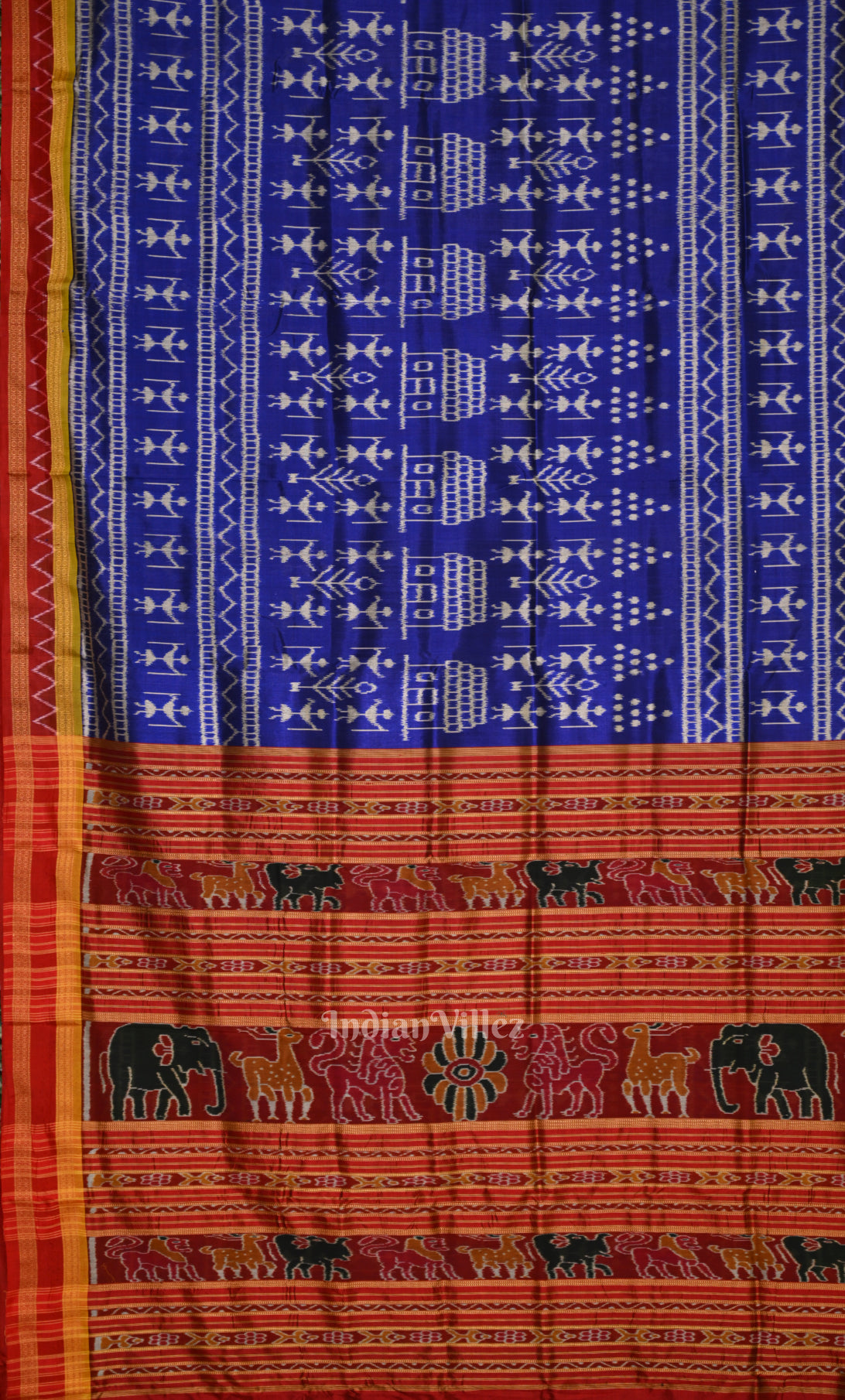 Blue Red Tribal Theme Odisha Ikat Khandua Silk Saree