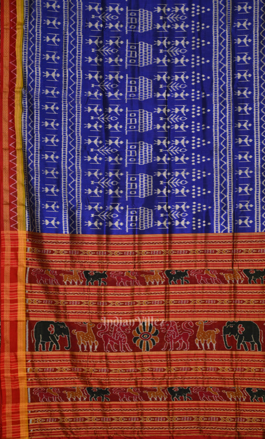 Blue Red Tribal Theme Odisha Ikat Khandua Silk Saree