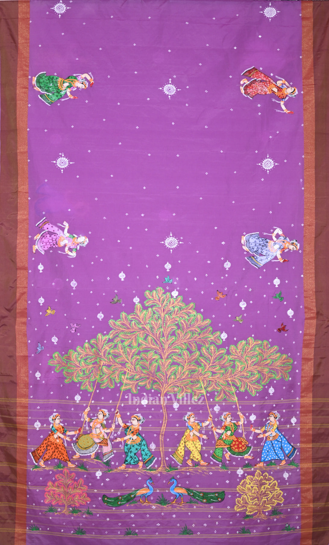 Rani Pink Brown  Raja Theme  Hand-Painted Pattachitra Saree 