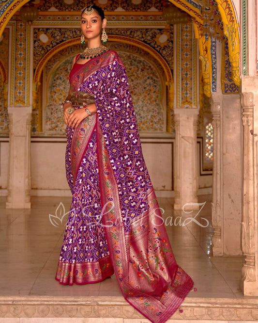 Purple Red Patola inspired Pochampally with Paithani Border and Pallu