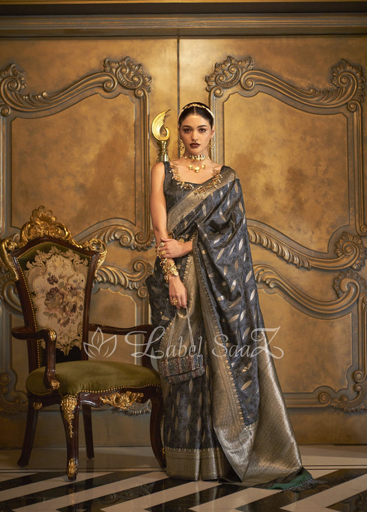 Soot Grey Zari Handwoven Banarasi Satin Silk Saree