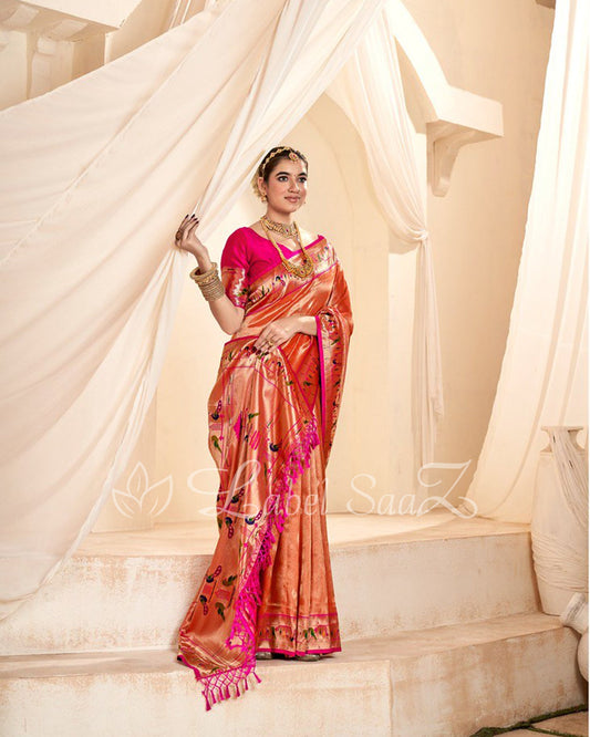 Orange Rewa Tissue Handloom Paithani Saree