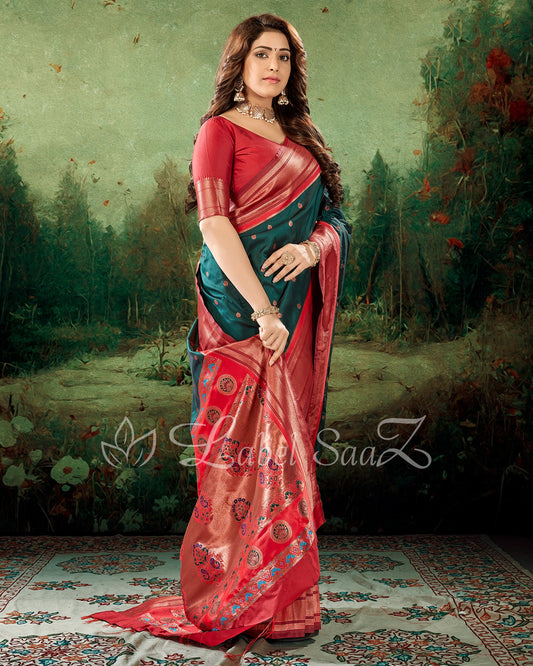 Red Green Woven Zari Paithani Silk Saree