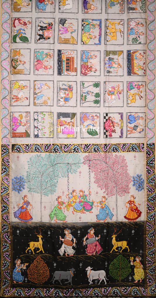 White Black Krishna Raas Village Theme Hand- Painted Pattachitra Saree