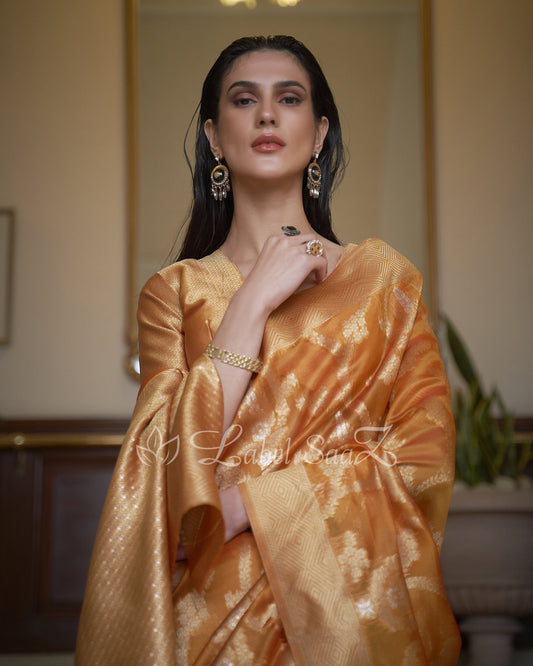 Golden Dual Tone Handloom Weaving Organza Saree With Blouse Piece