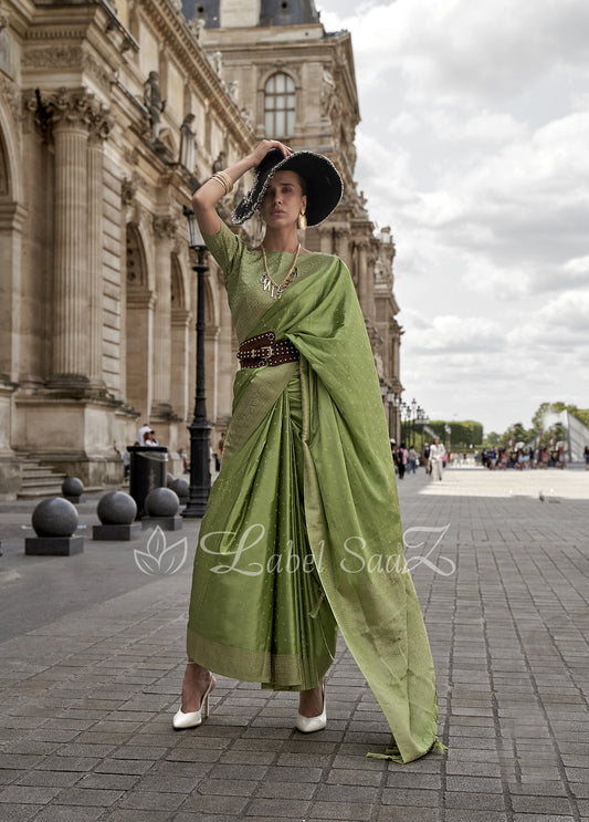 Delight Green Handwoven Satin Silk Banarasi Saree With Brocade Blouse