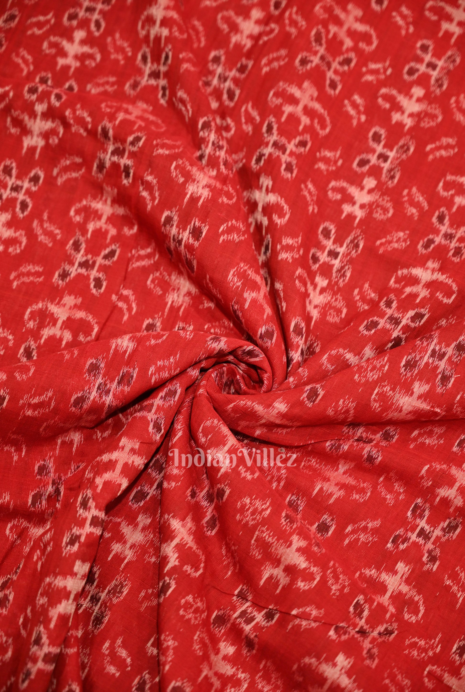 Red Tribal Jhoti Theme Sambalpuri Odisha Ikat Cotton Fabric 