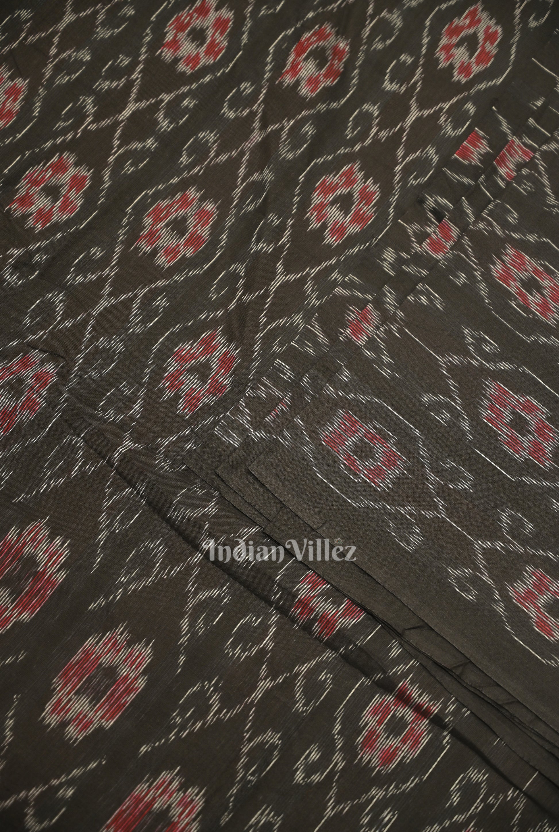 Black Floral Theme Sambalpuri Ikat Cotton Fabric 