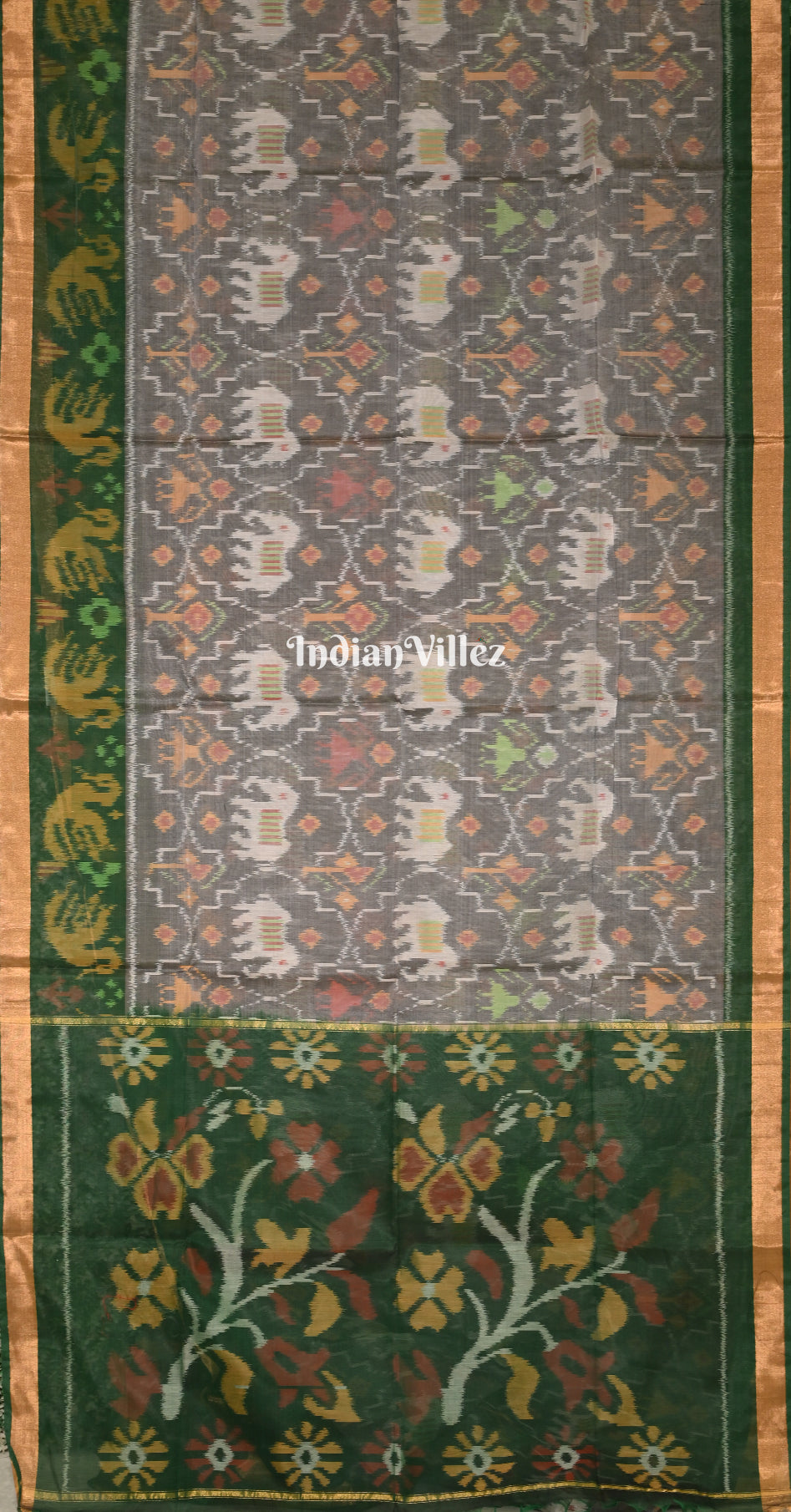 Grey Green Animal  Pochampally Ikat Silk Cotton (Sico) Saree 