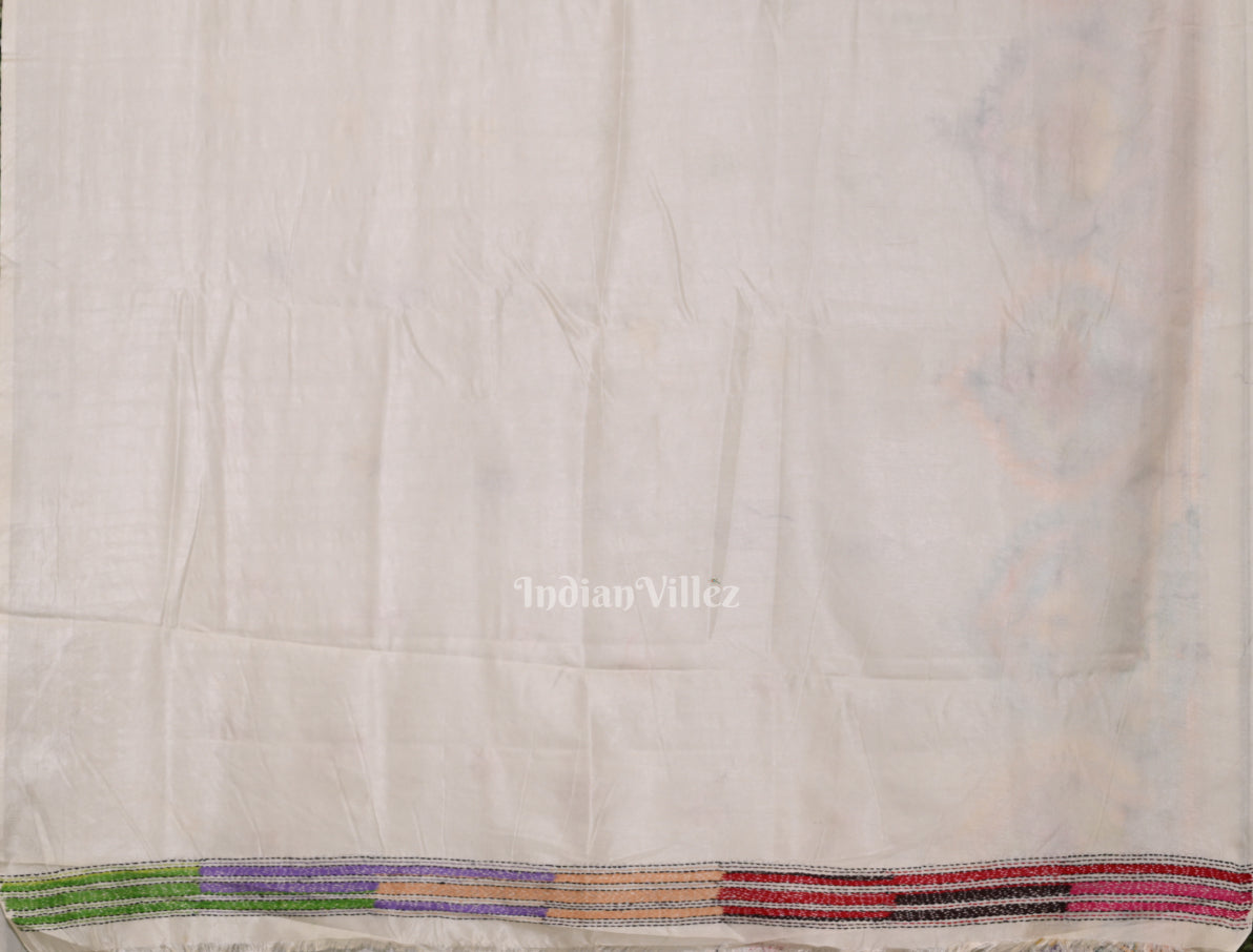 White Handwoven Kantha Stitch Silk Saree