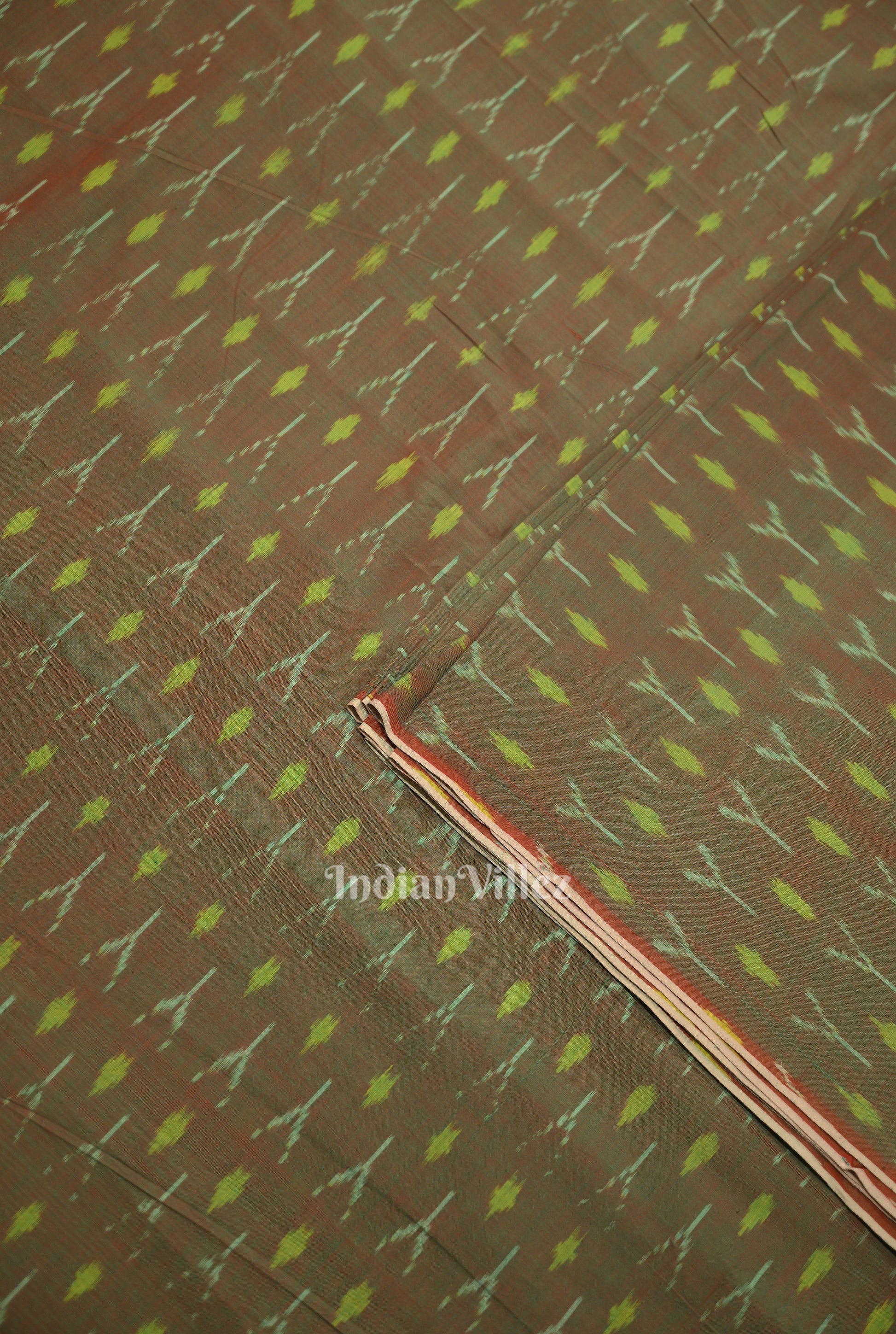 Moss Green Dual Tone Geometric Handwoven Pochampally Ikat Cotton Fabric 