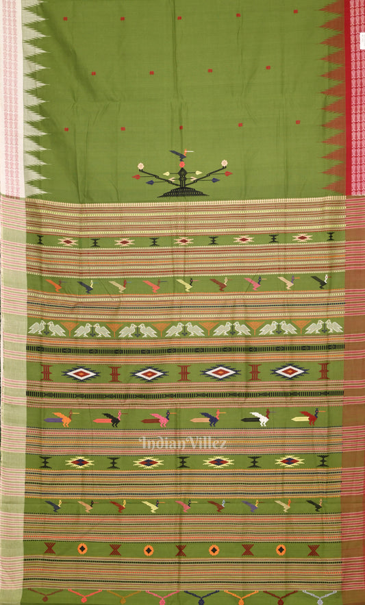 Mehendi Green Handwoven Original Ganjam Bomkai Cotton Saree 
