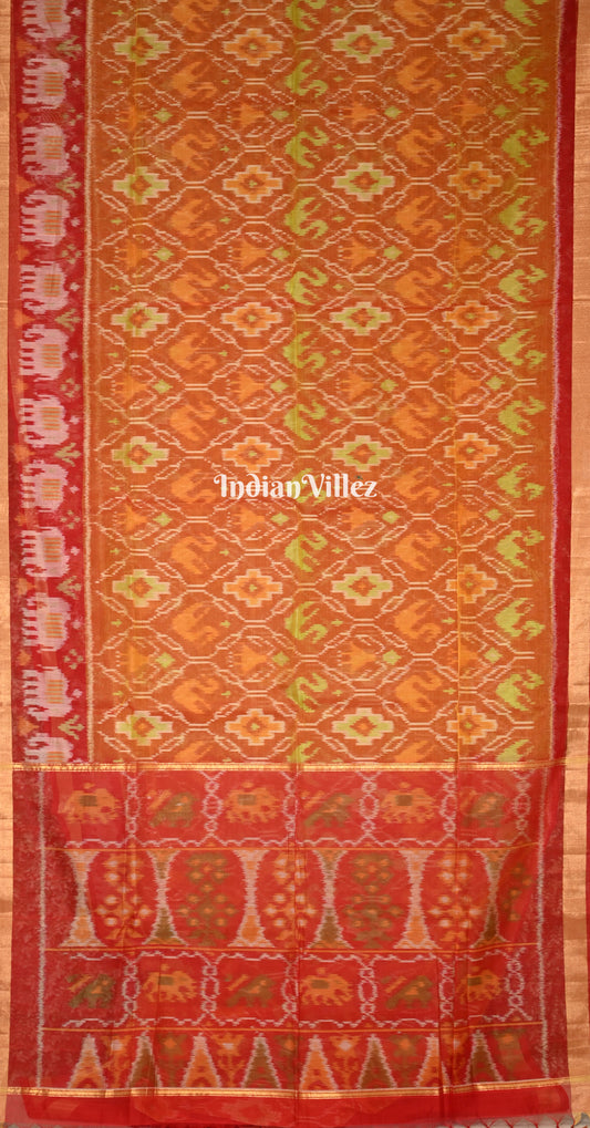 Rust Orange Red Pochampally Ikat (Sico) Saree