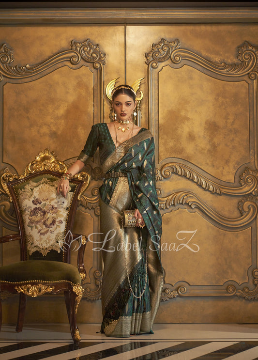 Seaweed Green Zari Handwoven Banarasi Satin Silk Saree
