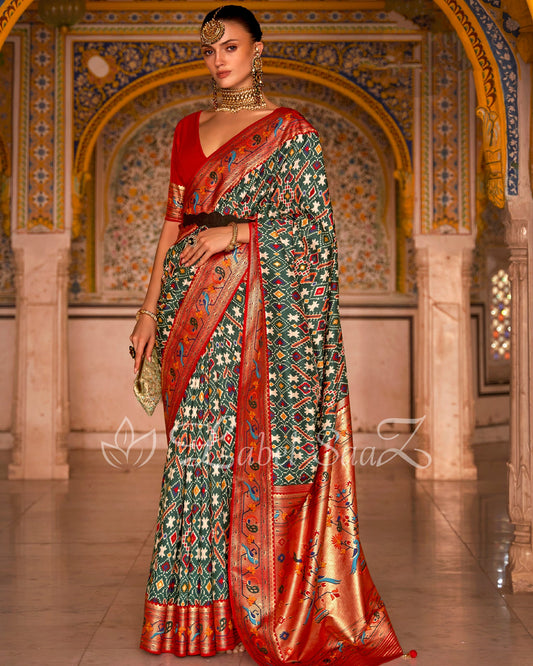 Green Red Patola inspired Pochampally with Paithani Border and Pallu