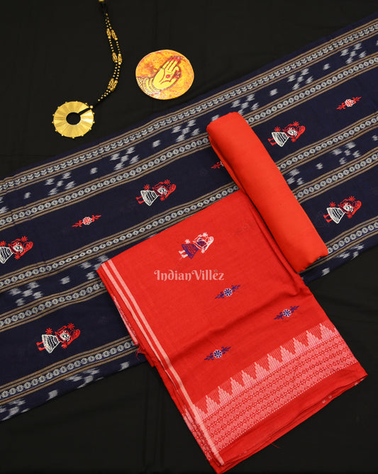 Blue Red Doll Odisha Ikat Sambalpuri Cotton Dress set with Dupatta